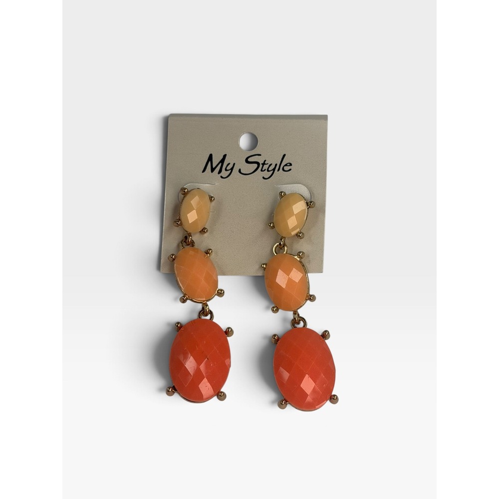 My Style Women Orange Gradient Faceted Oval Triple Drop Statement Earrings Gold